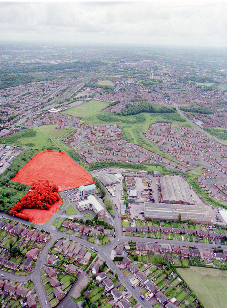 Dudley aerial view with land development plan.