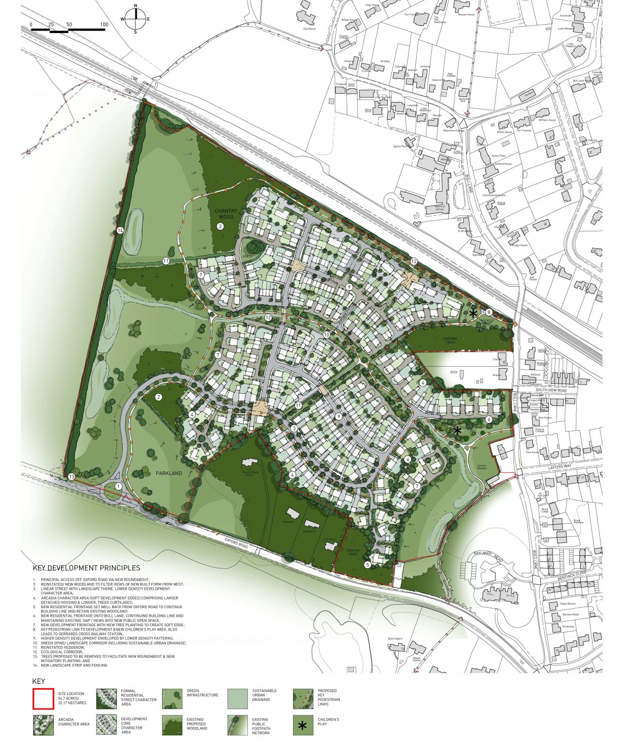 CGI aerial plan of site showing plots, routes and green space