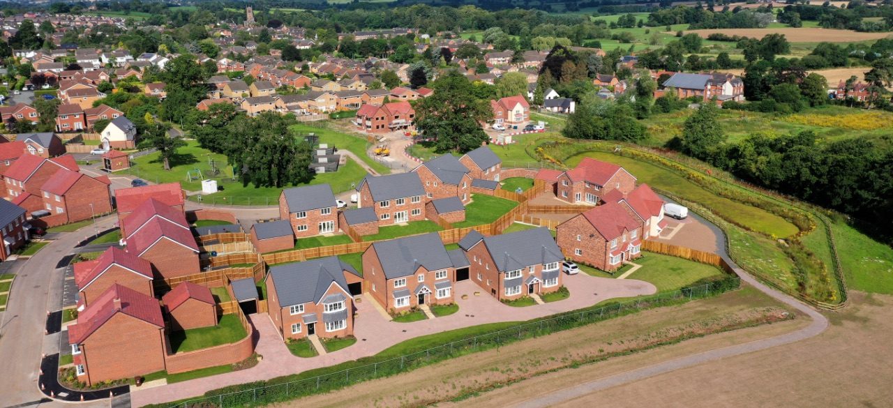 Aerial view of a housing development.