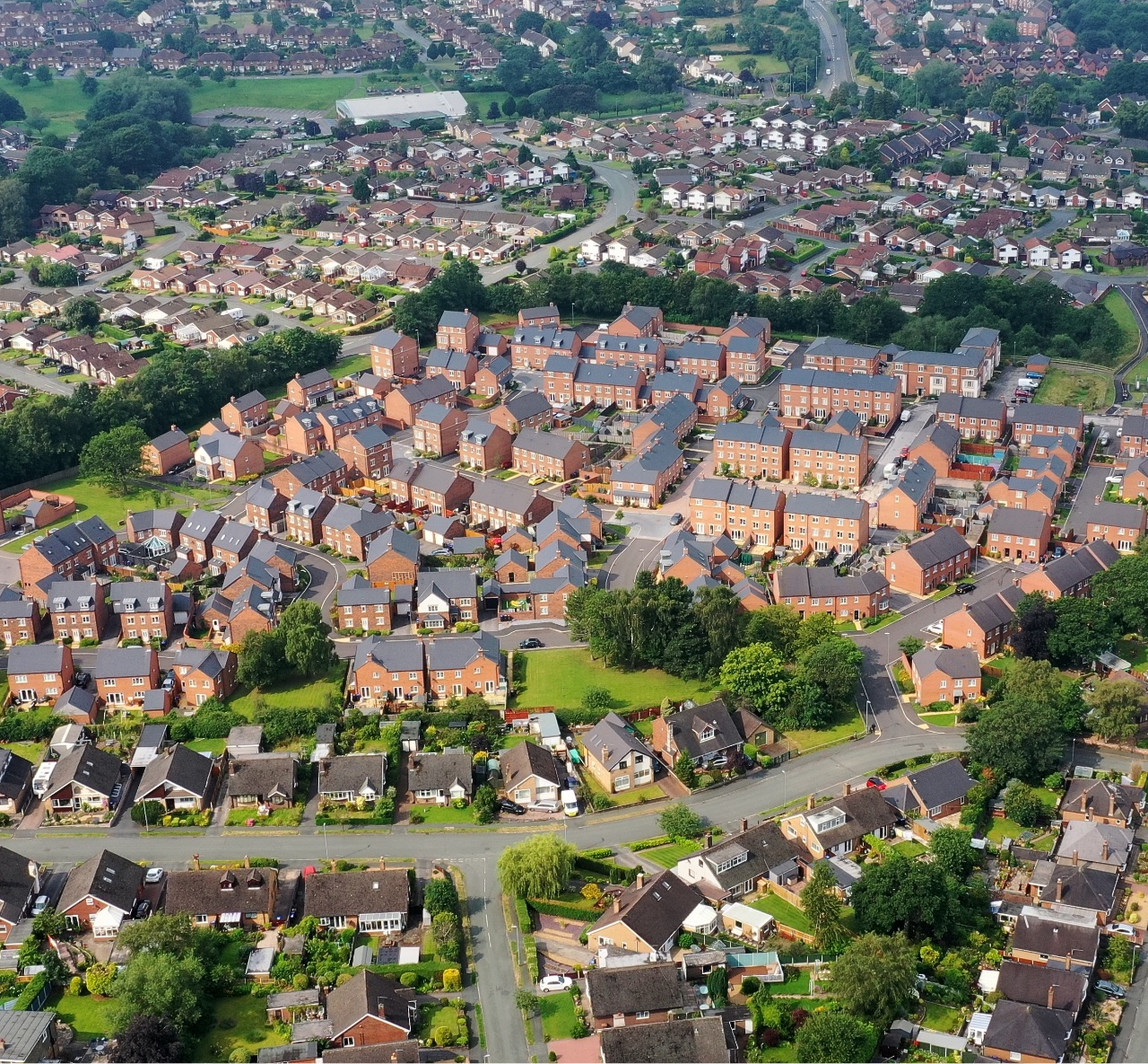 Aerial view of a housing development.