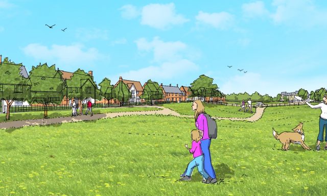 Cartoon drawing of a mother and child walking across green space towards houses