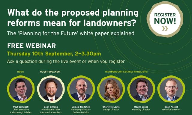 Richborough Estates landowners webinar poster advertisement for Thursday 10th September 2pm to 3pm