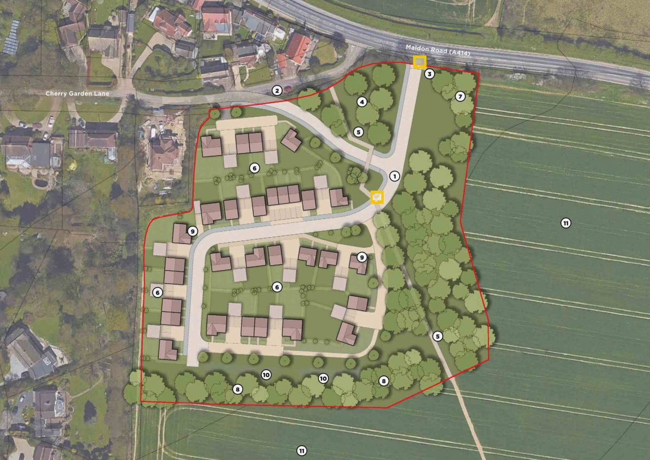 Overhead map view plan of new development in Danbury, Essex with red line around the development