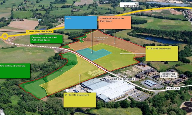 Congleton map for planning permission for mixed-use site, with arrows showing various plans