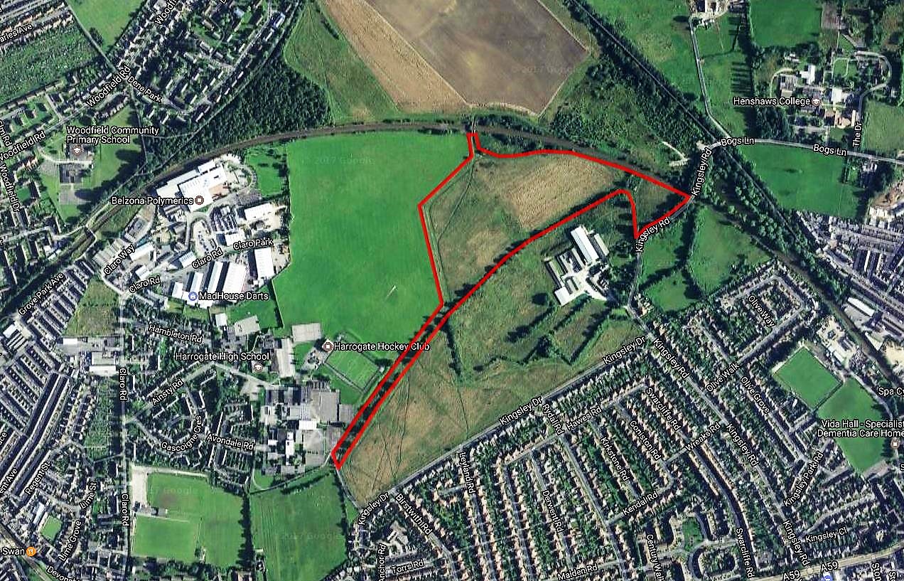 Satellite image of Kingsley in Harrogate, of field with red outline for planning permission