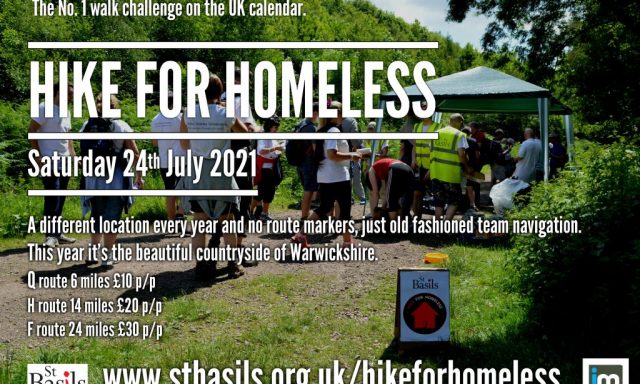 Group of people in countryside hills setup with gazebo with white text layout for Hike for Homeless