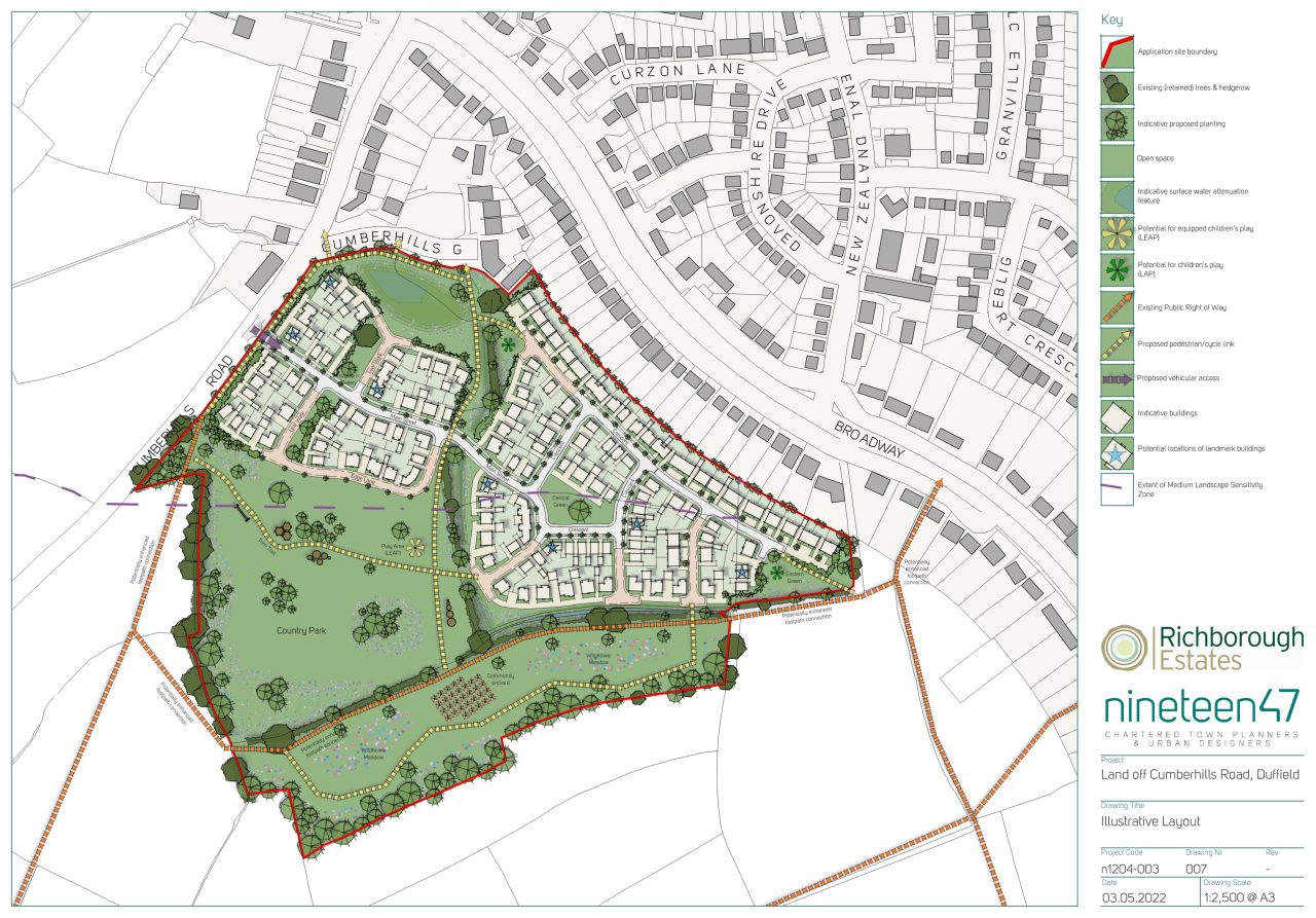 Image shows red line plan of Duffield masterplan