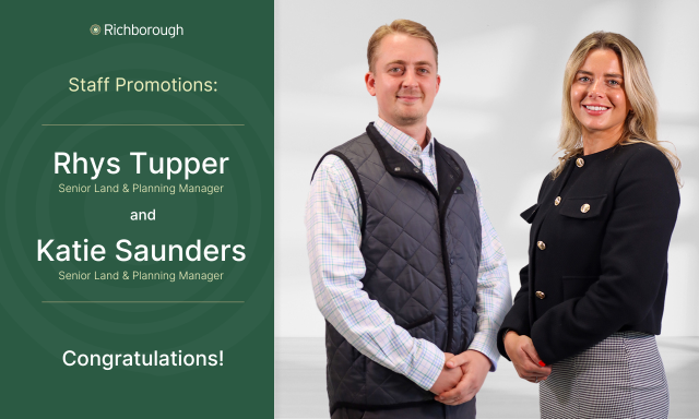 Image shows Rhys Tupper and Katie Saunders in a corporate pose, standing with hands together in front, smiling into the camera.