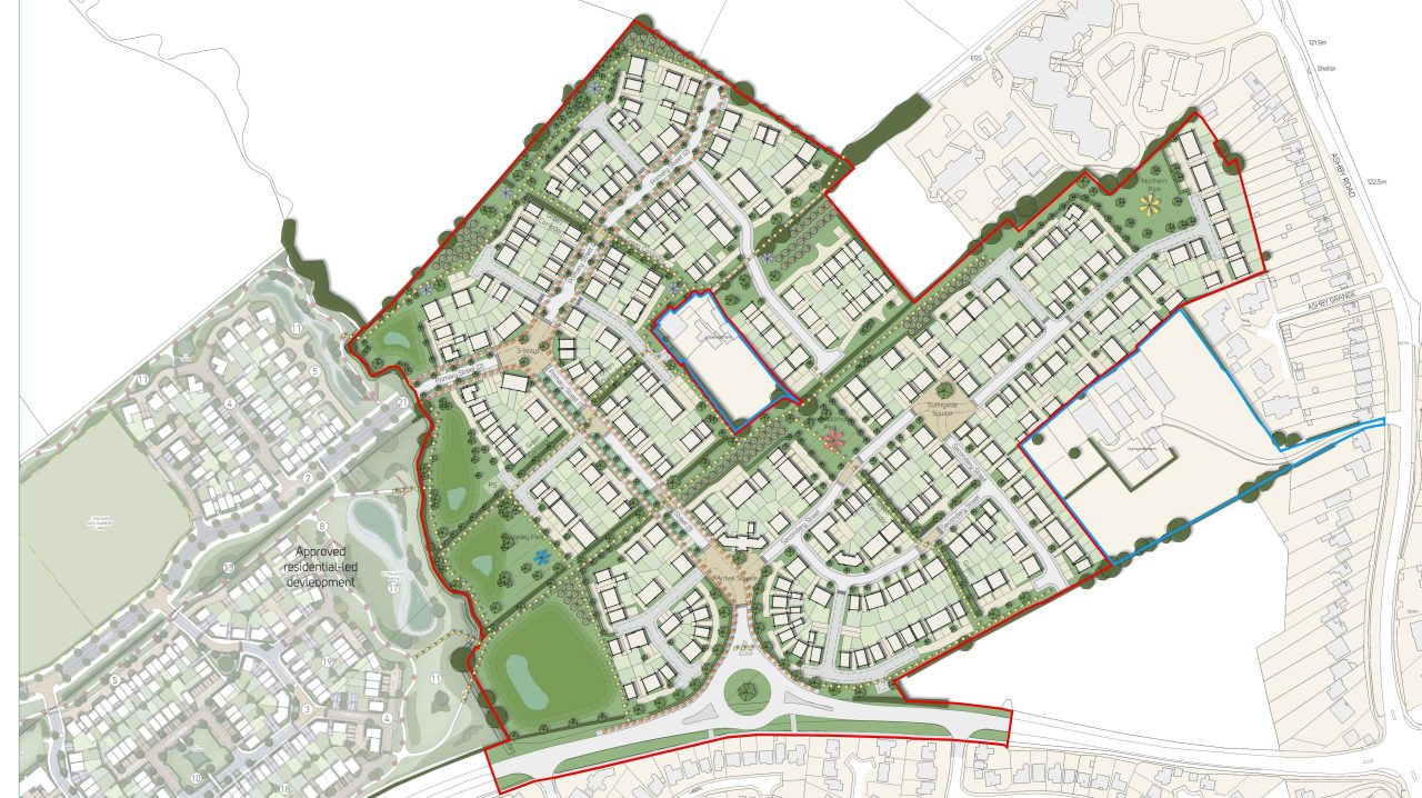 Image shows a hand drawn aerial sketch of the land parcel at Hinckley with homes, landscaping and routes indicated and a red line boundary.