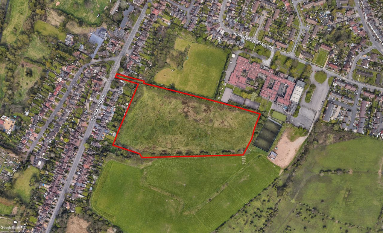 Aerial photograph of land on Lichfield Road with red line boundary showing access from the road and where new homes could go