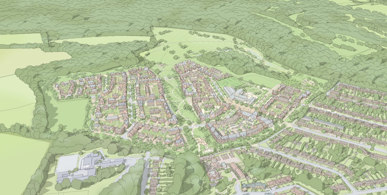Image shows a sketch visualisation of a masterplan
