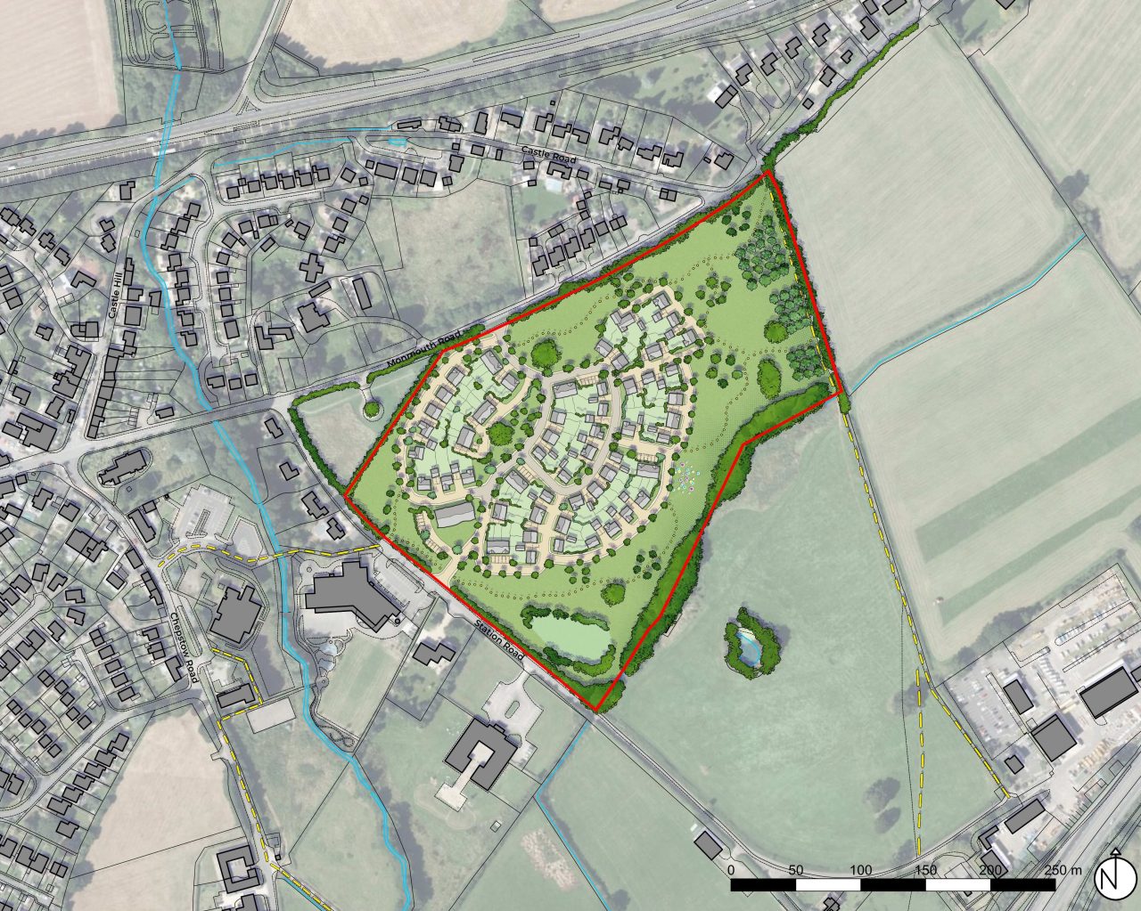 Image shows a sketch masterplan with red line boundary