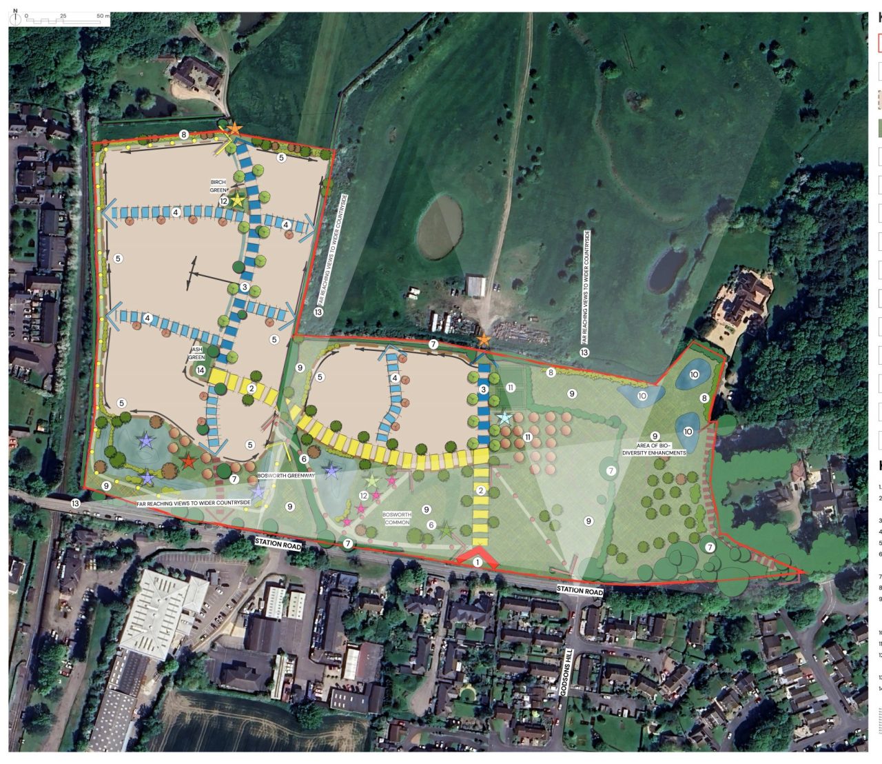 Aerial photo with overlaid landscape and access plan