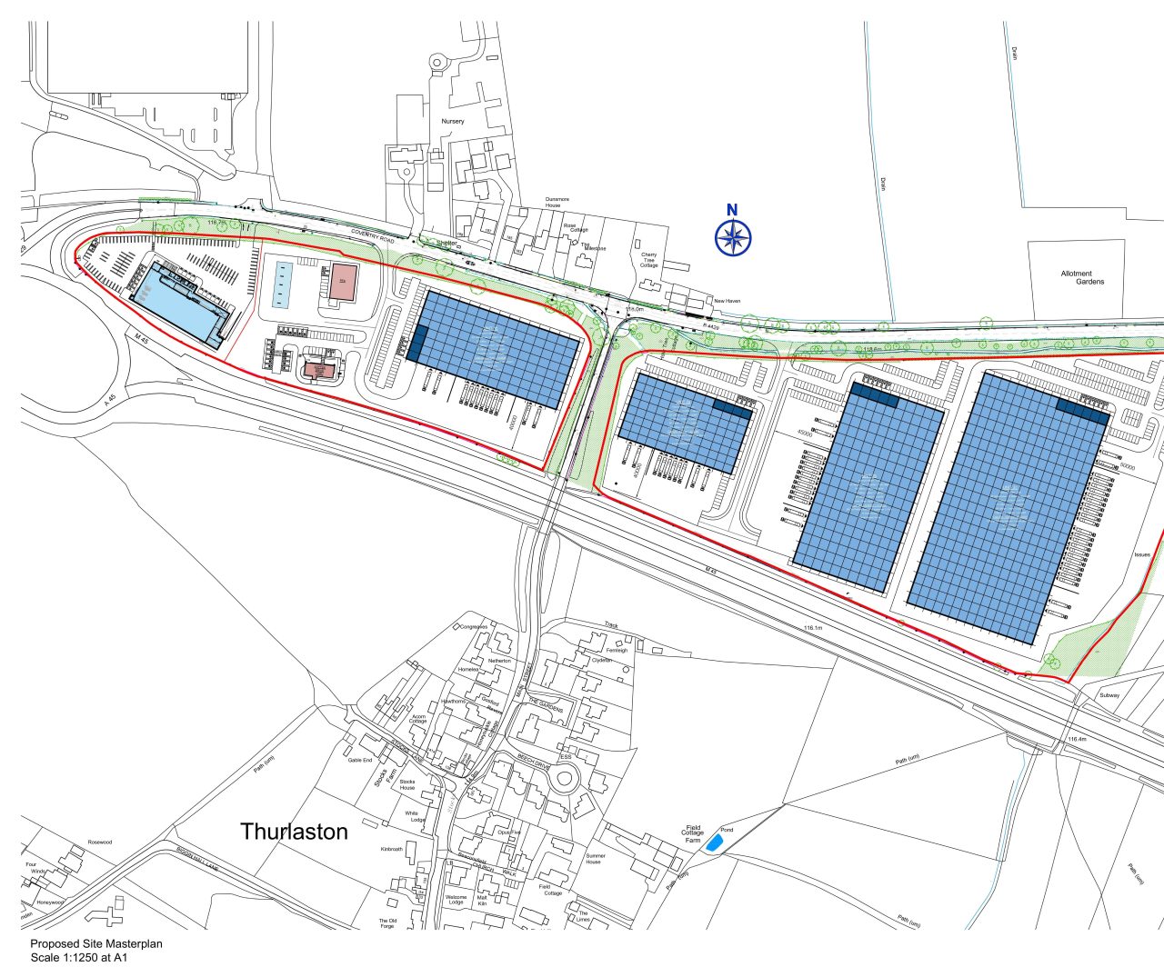 Line map with site sown in red line boundary and blue blocks for the various plots